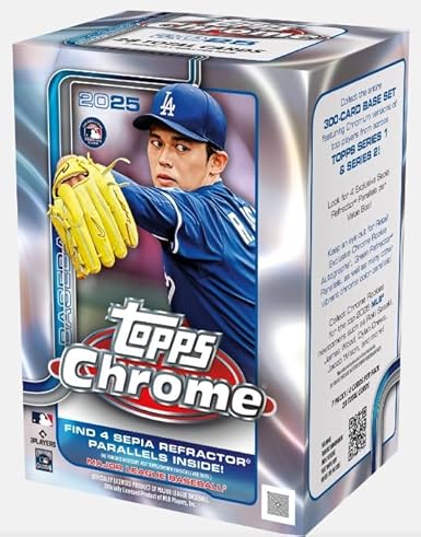 2025 Topps CHROME Baseball Trading Card Blaster Box with 28 Cards, Find 4 Sepia Refractors Per Box, Bonus Custom Judge Card Sized Print