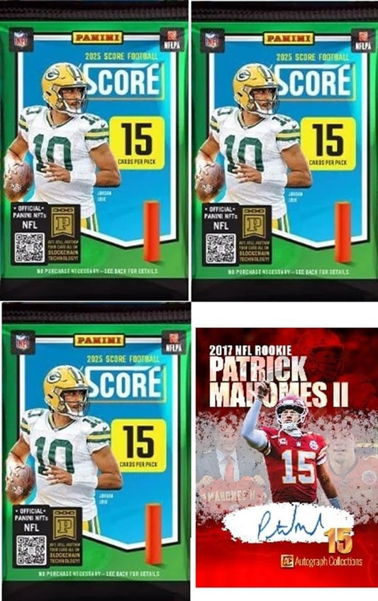 2025 SCORE Football Cards 3 FACTORY SEALED PACKs, 45 CARDS, Plus Mahomes Card-Sized Print