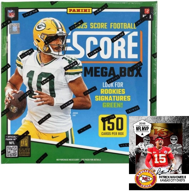 2025 SCORE Sealed Football Card Huge MEGA Box, 150 Cards, Plus Mahomes Card-Sized Print