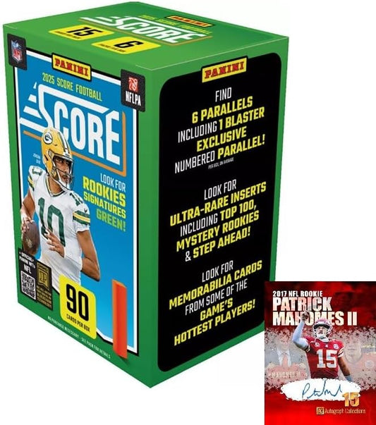 NEW 2025 SCORE Sealed Football Card Blaster Box, 90 Cards, Plus Mahomes Card-Sized Print