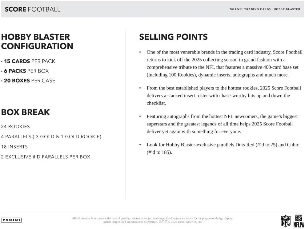 NEW 2025 SCORE Football Card HOBBY BLASTER Box, 90 Cards - 24 Rookies and Two Exclusive #'d Parallels Per Box