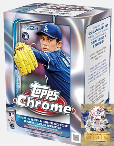 2025 Topps CHROME Baseball Trading Card Blaster Box with 28 Cards, Find 4 Sepia Refractors Per Box, Bonus Custom Judge Card Sized Print