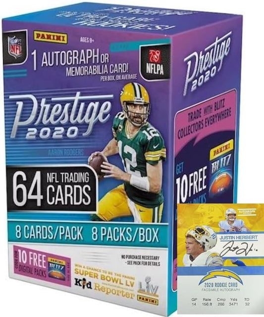 2020 PRESTIGE Football Cards SEALED Blaster Box, 64 Cards, 1 Autograph or Jersey Card Per Box, Plus Herbert Card-Size Print