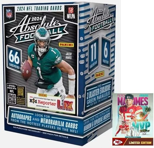 2024 Panini ABSOLUTE Football Card Sealed Blaster Box, 66 Cards - Plus Novelty Mahomes Card Pictured