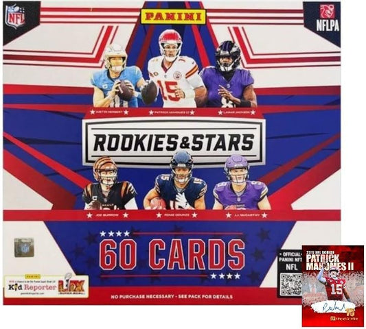 2024 Panini ROOKIES and STARS Factory Sealed Football Longevity MEGA Box, 1 Autograph and 1 Jersey Card Per box, Plus Custom Novelty Mahomes Card