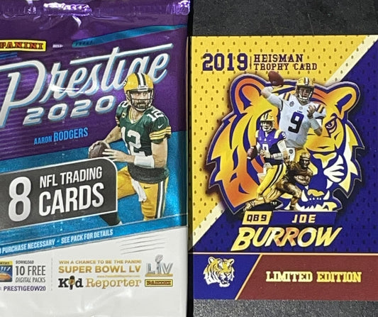 2020 PRESTIGE Football Card SEALED PACK, 8 Cards, Plus Joe Burrow Card-Size Print