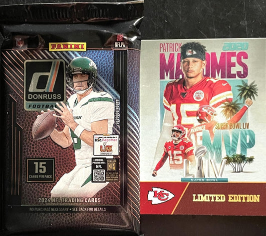 NEW 2024 Panini Donruss Sealed Football Card Pack, 15 Cards, Plus Patrick Mahomes Card-Sized MVP Print