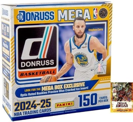 2024-25 Panini DONRUSS Basketball MEGA Box, 150 Cards, EXCLUSIVE Blue Cracked Ice Prizms, Plus Custom MJ Card Size Print.